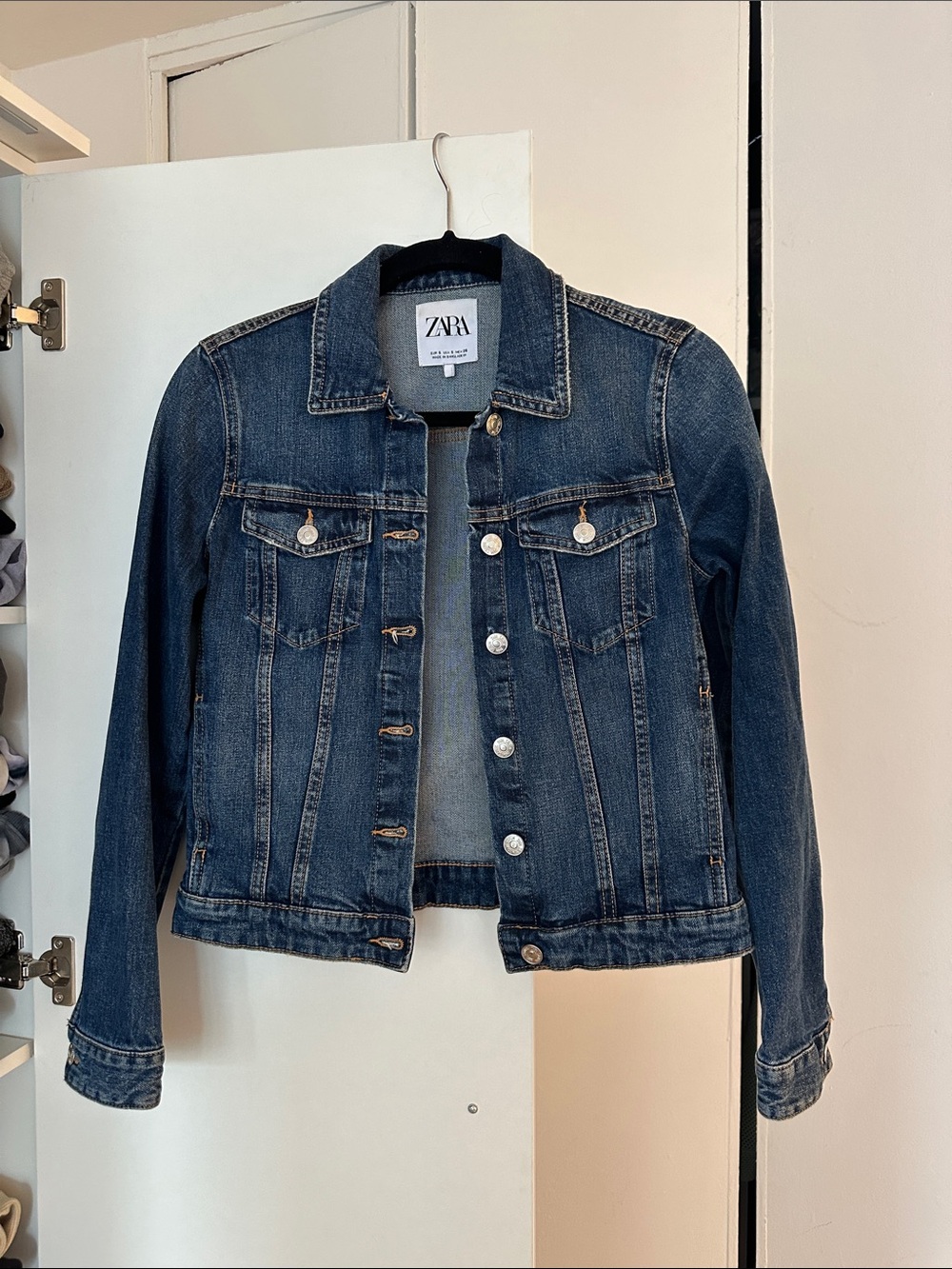 Zara Light Blue Denim Jean Jacket with Black Collar